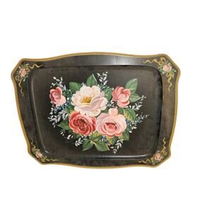 Vintage Hand Painted Floral Metal Tole Tray Roses Gold Trim Decorative Home